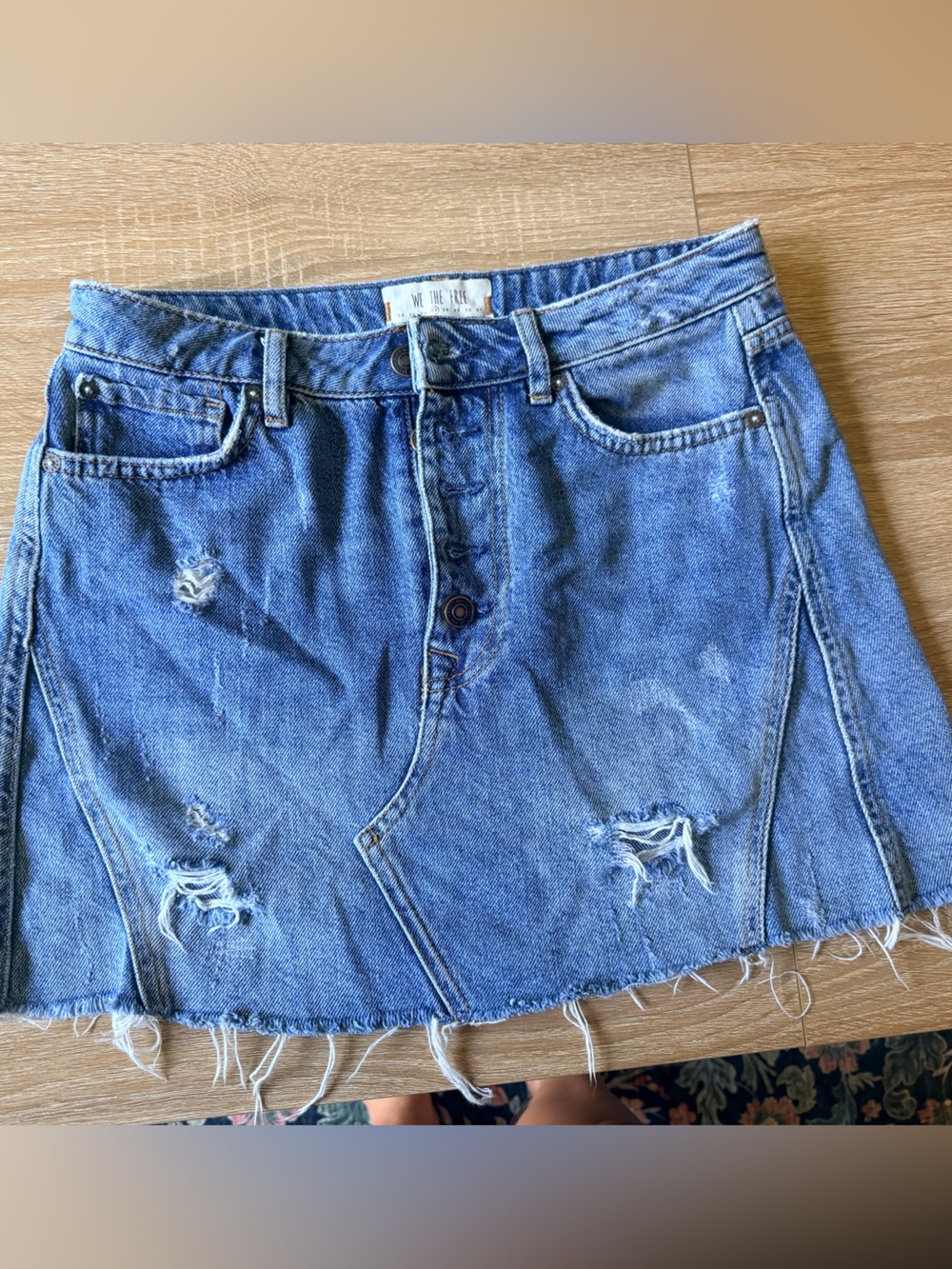We The Free Distressed Blue Denim Mini Skirt-Style Shorts